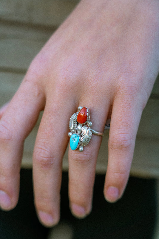 Sterling Silver Turquoise + Coral Ring